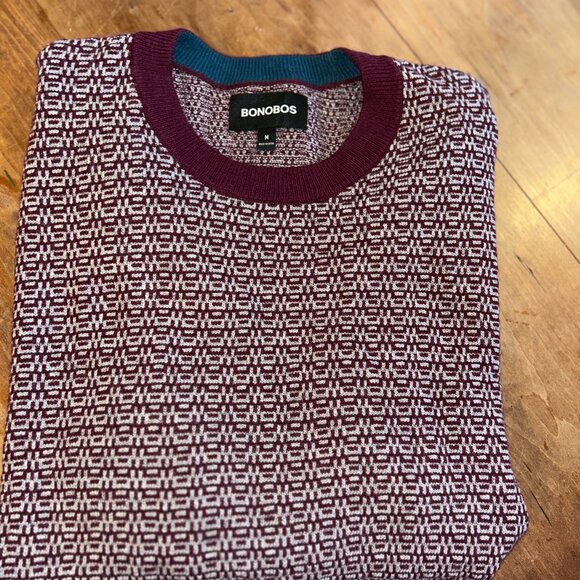 Bonobos Wool Blend Crew Neck Sweater, Burgundy, Geometric Design, Men's Medium - Picture 1 of 4